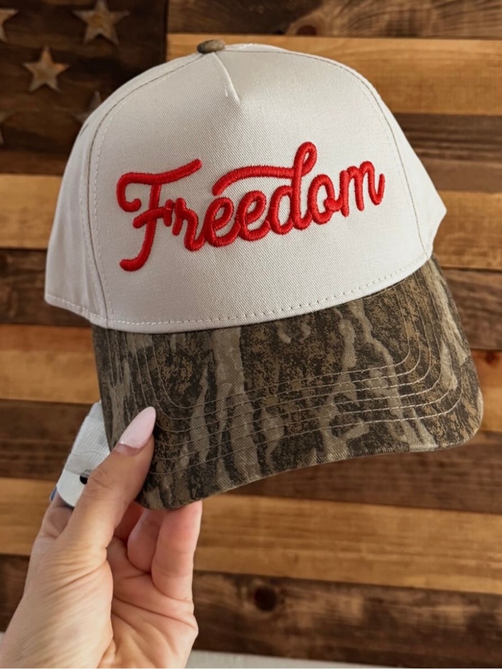 Freedom Puff Embroidered Camo Trucker Hat-Red
